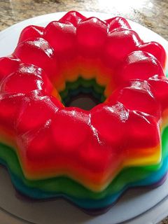 A picture of Rainbow jello shot cake.
