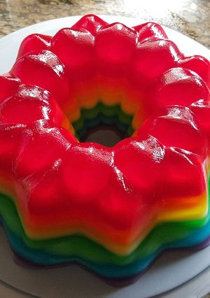 A picture of Rainbow jello shot cake.