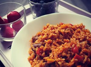 Une photo de Riz poivrons/merguez