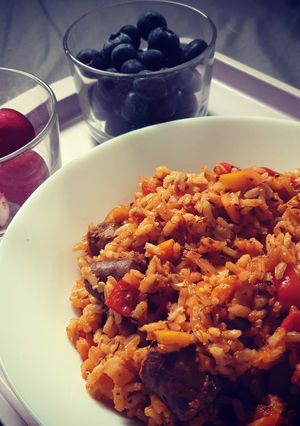 Une photo de Riz poivrons/merguez