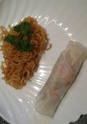 A picture of Almost authentic spring rolls with thai baked soba noodles.