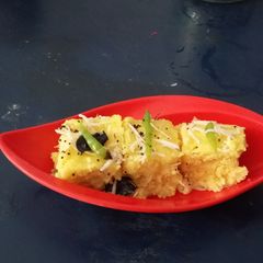 A picture of Besan Dhokla with a twist.