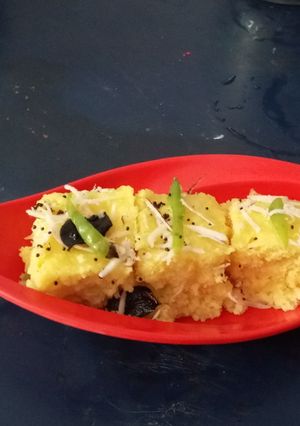 A picture of Besan Dhokla with a twist.