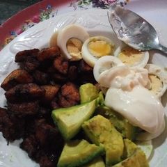 A picture of Fried Ripe Plantain with Pear, Egg and Mayonnaise.