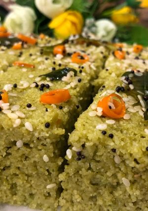 A picture of Palak Sooji Dhokla (Spinach Rava Dhokla) – Winter Special.