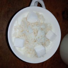 A picture of Nunu(cow milk) with rice.