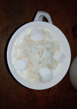 A picture of Nunu(cow milk) with rice.