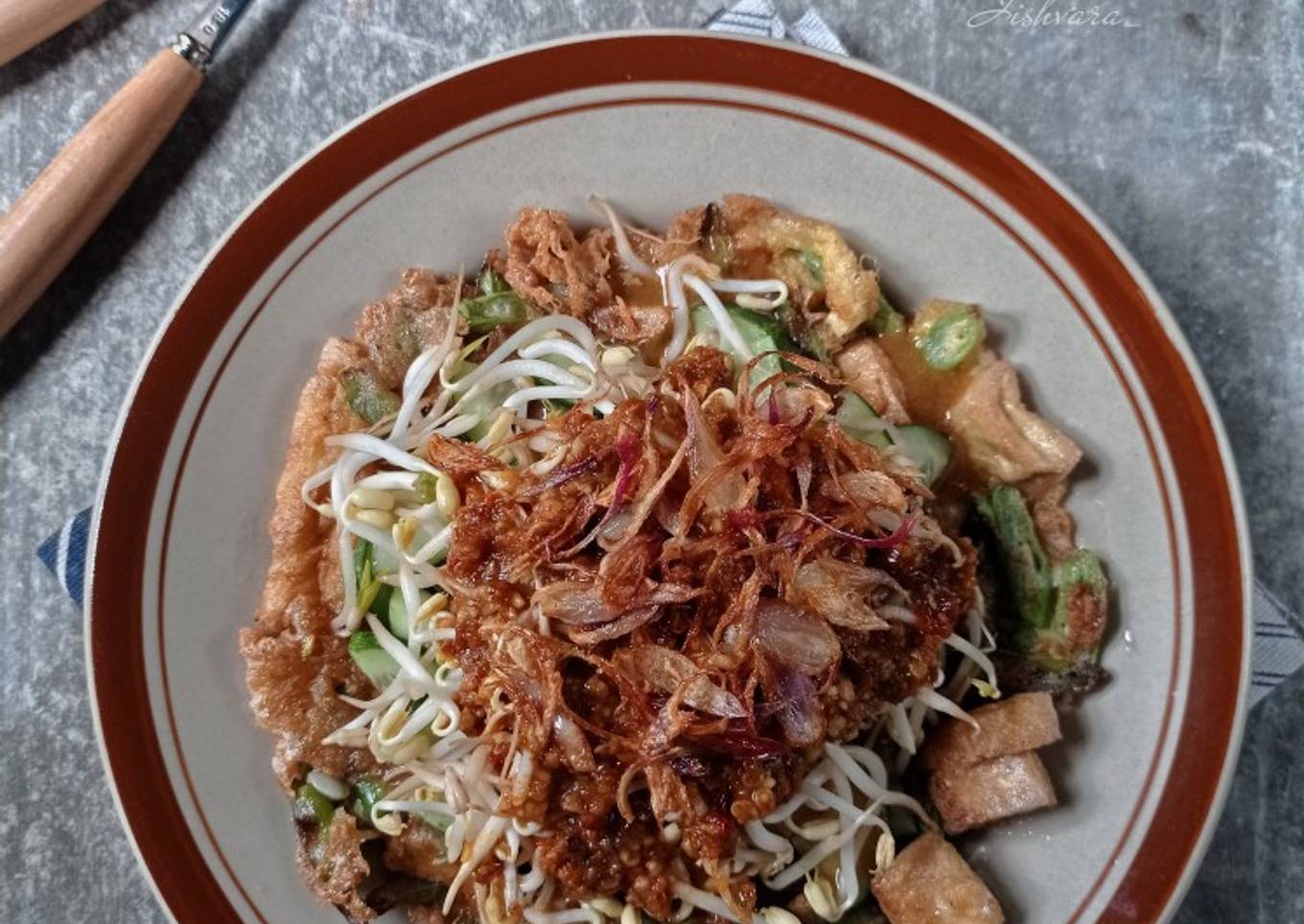 Buncis tahu telur bumbu kacang