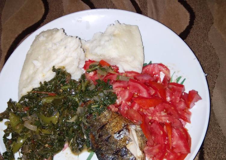 Ugali, Spinach and smoked fish