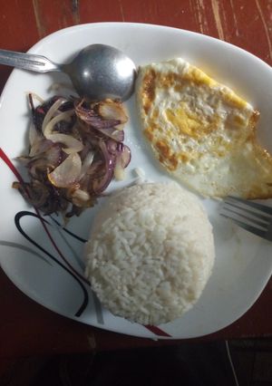 A picture of Boiled rice served with onion and egg.