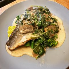 Pan fried Sea Bass with Wholegrain mustard, mushroom & spinach sauce. Finished with wild garlic A picture of Pan fried Sea Bass with Wholegrain mustard, mushroom & spinach sauce. Finished with wild garlic.