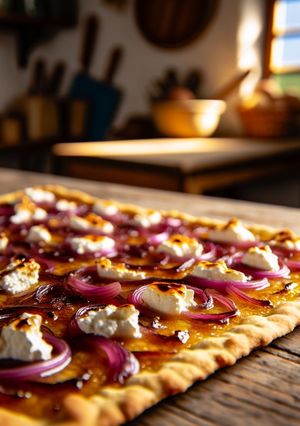 Flammkuchen mit Zwiebel und Ziegenkäse - vegetarisch, weizenfrei Rezepthauptbild