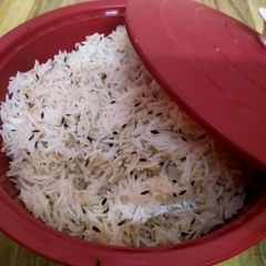 A picture of Jeera rice in microwave.