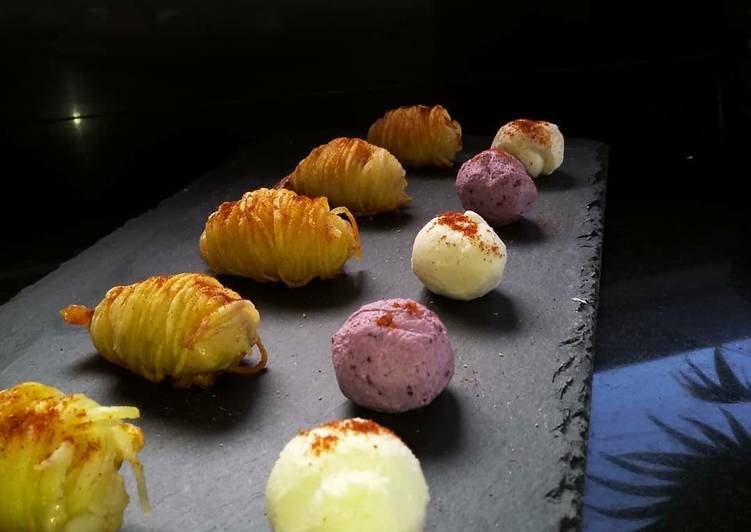 Langostinos enrollados en patata & queso de frutos rojos y higos