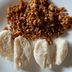 A picture of Scrambled egg with ugali.