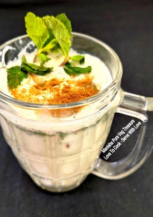 A picture of Tempered Mint Masala Buttermilk (Pudina Tadka Chaas) – A Cooling - Heat - Relieving Drink.