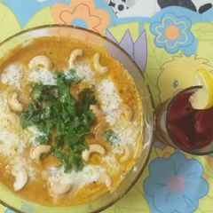 Kaju Curry & Beetroot Juice A picture of Kaju Curry & Beetroot Juice.