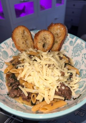 A picture of French Onion Pasta With Ground Filet.