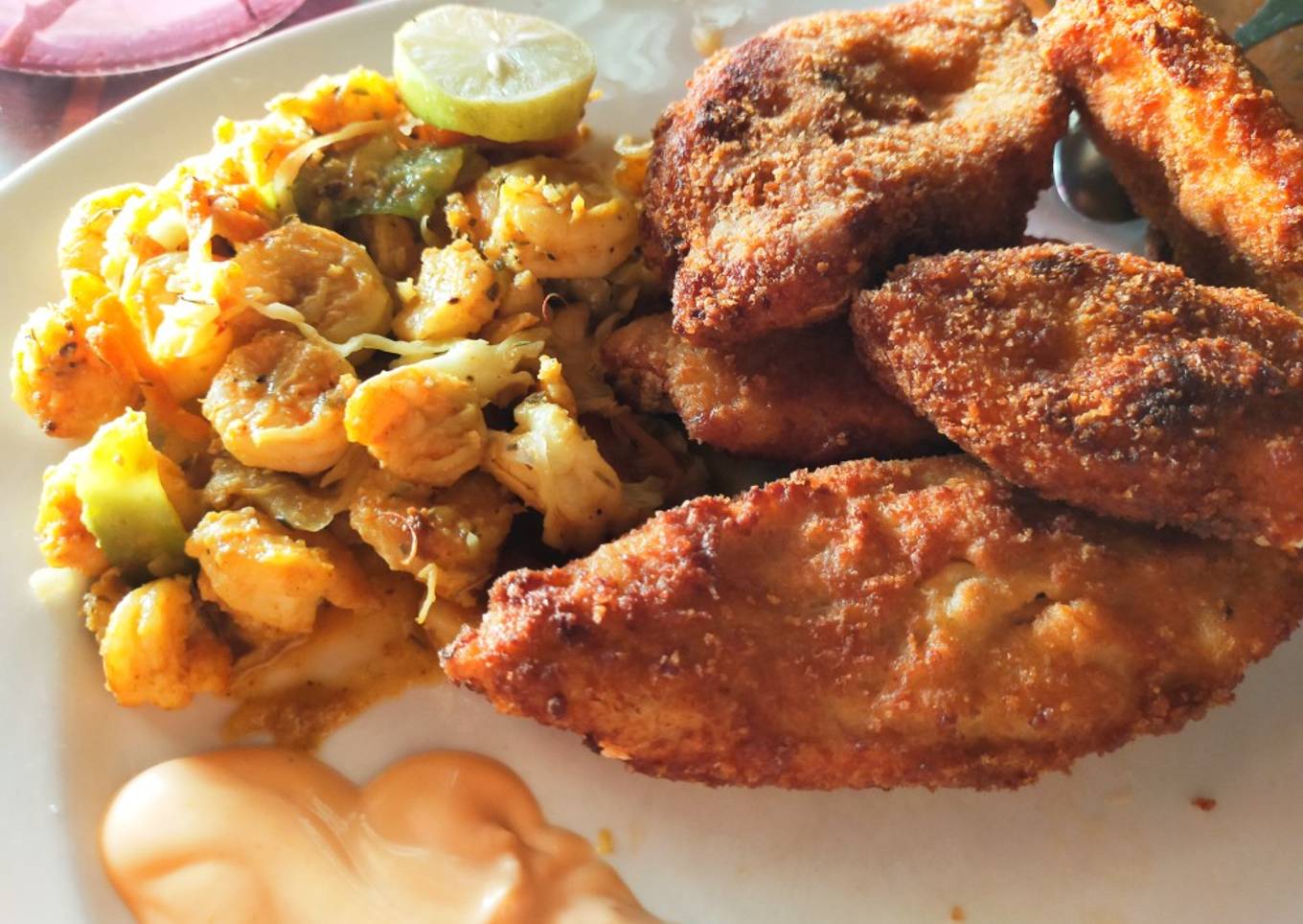 Crispy fried fish with stir fry prawns and dip