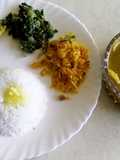 Plain rice with radish sambar, carrot podimas and palak poriyal