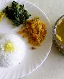 Plain rice with radish sambar, carrot podimas and palak poriyal