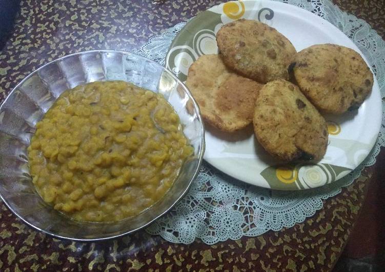 Karaisutir kachuri and mishti cholar daal