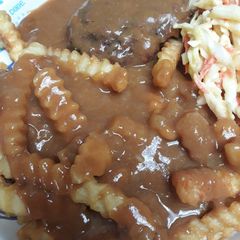 A picture of Salisbury Steaks and Fries.