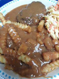 A picture of Salisbury Steaks and Fries.