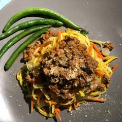 A picture of Yellow Squash Pasta with Ground Beef and Vodka Sauce.