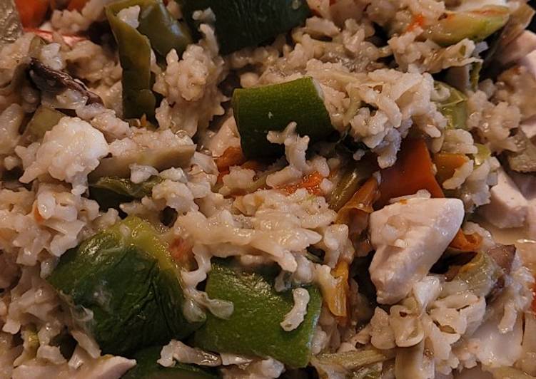 Arroz integral meloso pollo, champi y verduras con Thermomix