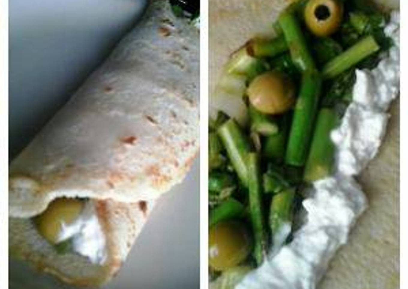 Crepe relleno de espárragos, olivas y crema de leche de cabra