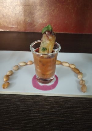 A picture of Peanut usal with sweet potato sago roll.