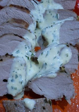 A picture of Pork Loin with a Lemon Aioli.