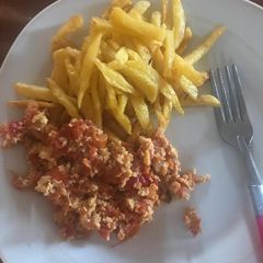 A picture of Potato Fries and Egg Sauce.