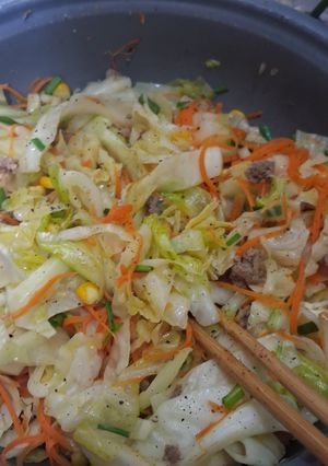 Hình của món Đồ xào với bắp cải, cà tốt, bắp và thịt bầm siêu ngon.