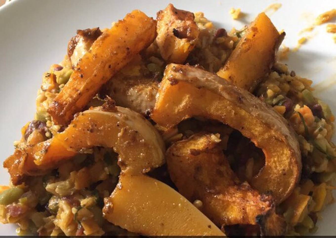 Cajun roast squash with rice and peas
