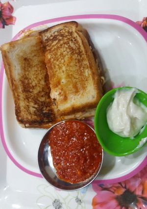 A picture of Mix veg sandwich with white sauce.