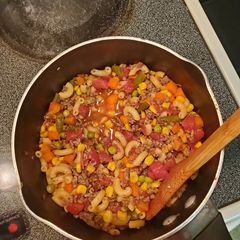 A picture of Beef macaroni soup.