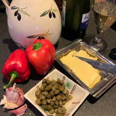 A picture of Red pepper and caper salsa for oily baked fish.