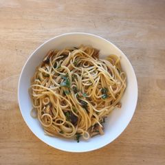 A picture of Miso Butter Spaghetti with Shiso & Shiitake.