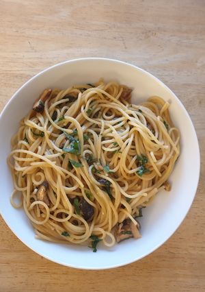 A picture of Miso Butter Spaghetti with Shiso & Shiitake.