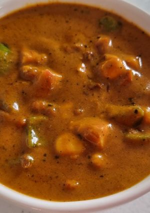 A picture of Corn capsicum paneer in yellow gravy using premix.