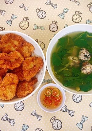 Hình của món Chả cá chiên xù - Canh mồng tơi nấu mộc.