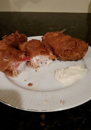 A picture of Brad's bacon wrapped beer battered Ling cod.