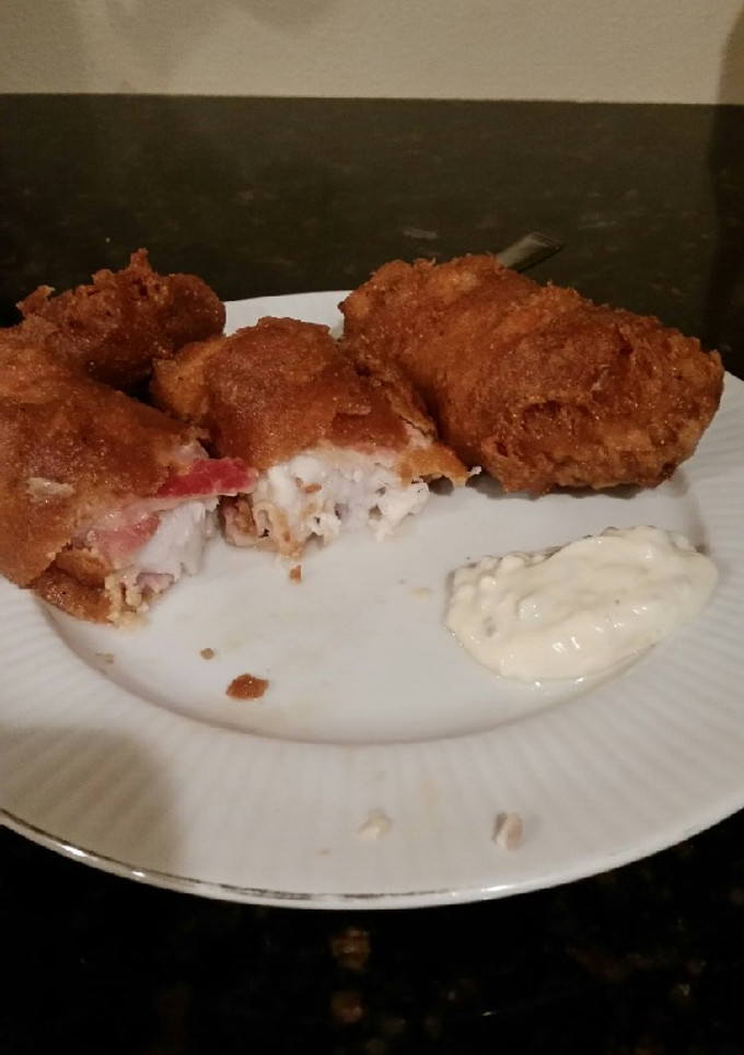 A picture of Brad's bacon wrapped beer battered Ling cod.