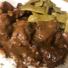 A picture of Beef and Mushrooms with Rice.