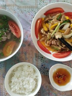 Hình của món Gà xào sa tế- canh thịt bò sả.