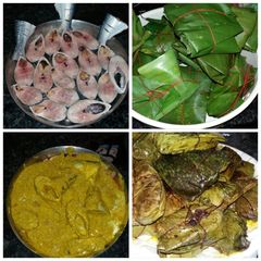 A picture of Ilish paturi (hilsha steamed in banana leaf).