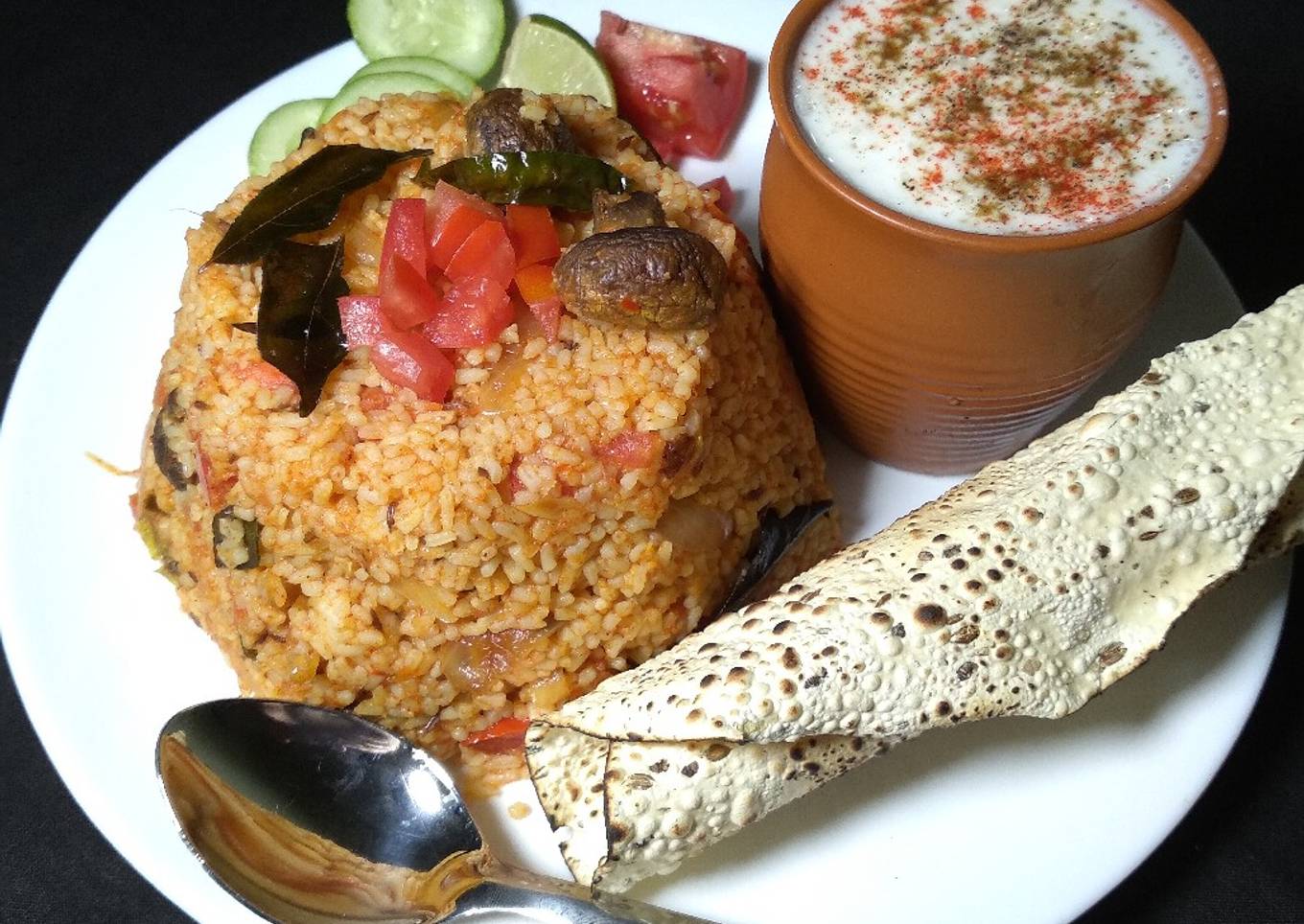 Tomato Mushroom pulao with spiced buttermilk