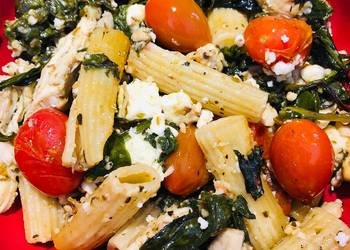 Fresh, Prepare Recipe Feta Spinach Cherry Tomatoes  and Shredded Chicken Pasta Bake Practical Delicious